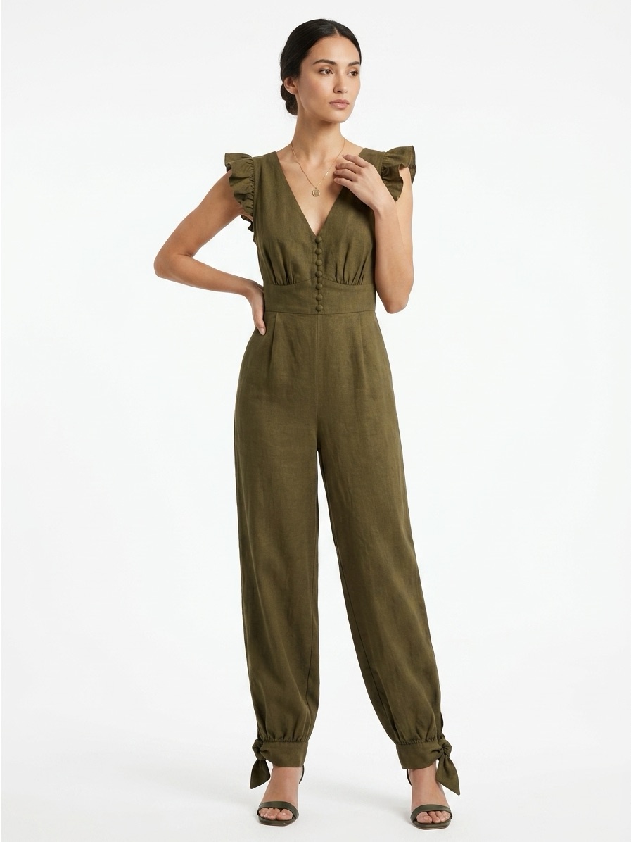 Happy X Nature Ruffle Cross Back Ankle Tie Jumpsuit Cotton Olive Green 2